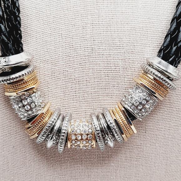 Chico’s Black Braided Necklace & Bracelet Set Rhinestone Charms Gold Silver Tone - Picture 4 of 9
